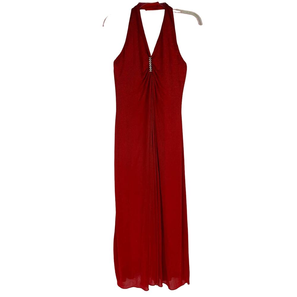 VTG‎ EUREKA | Red Sparkle Pleated Mesh Halter 90s Formal Dress | Women's Large